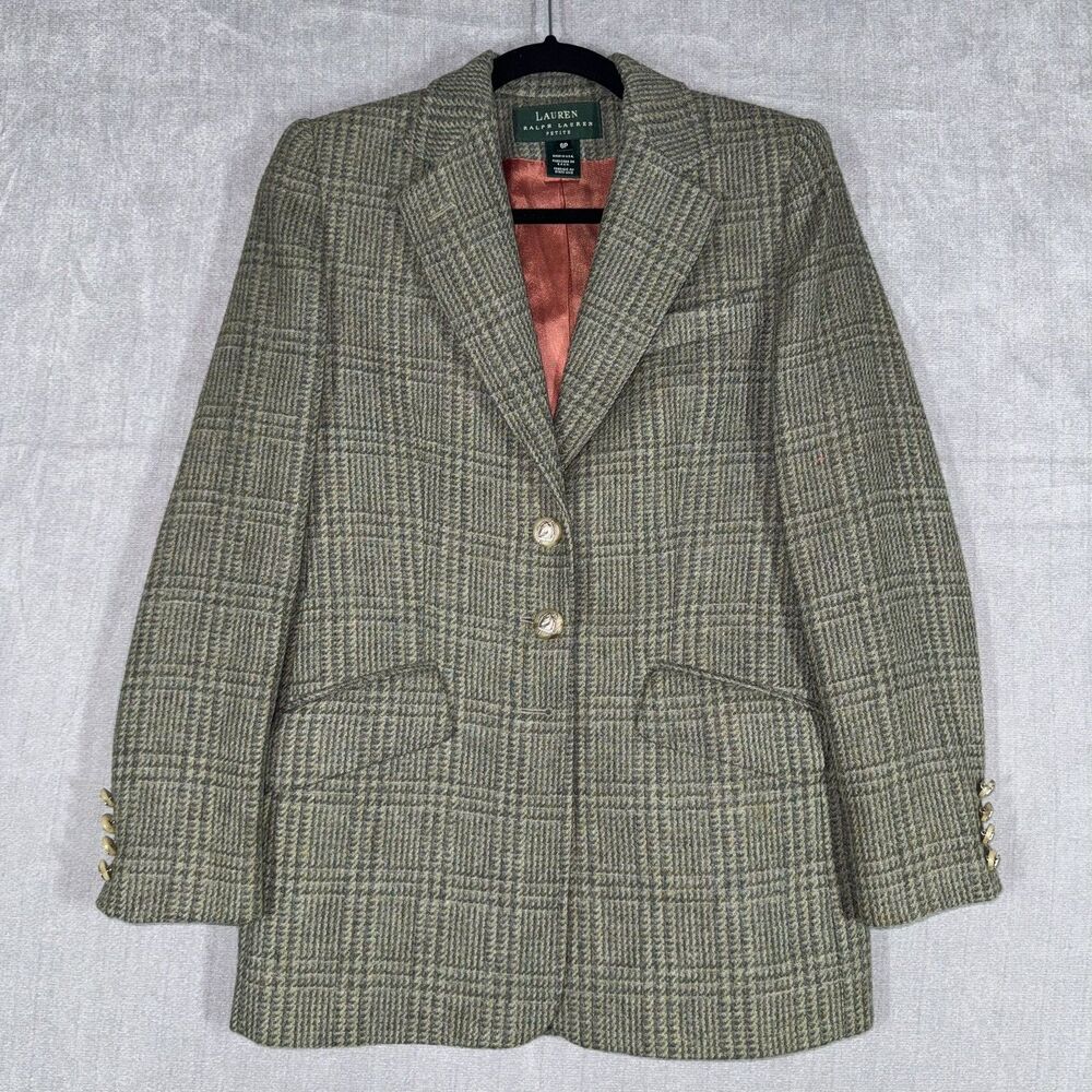 Lauren Ralph Lauren Green Plaid Shetland Wool Blazer Equestrian Americana 6P